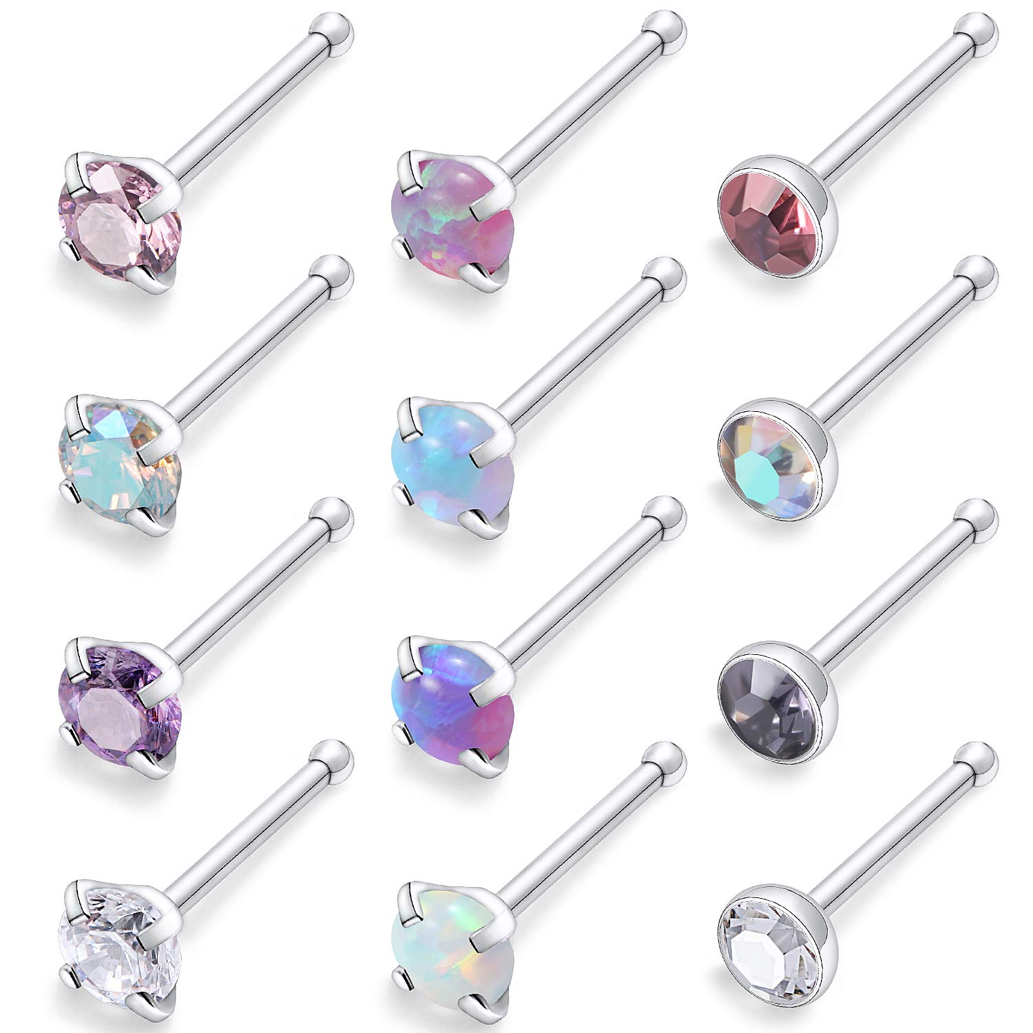 Kridzisw 18G Nose Rings Studs Pierings Jewelry Straight Silver Opal Nose Studs 18 Gauge Stainless Surgical Steel Diamond Stud Nose Ring Pin Bone Nose Bar Earrings Piercing Jewelry Women Men 3mm