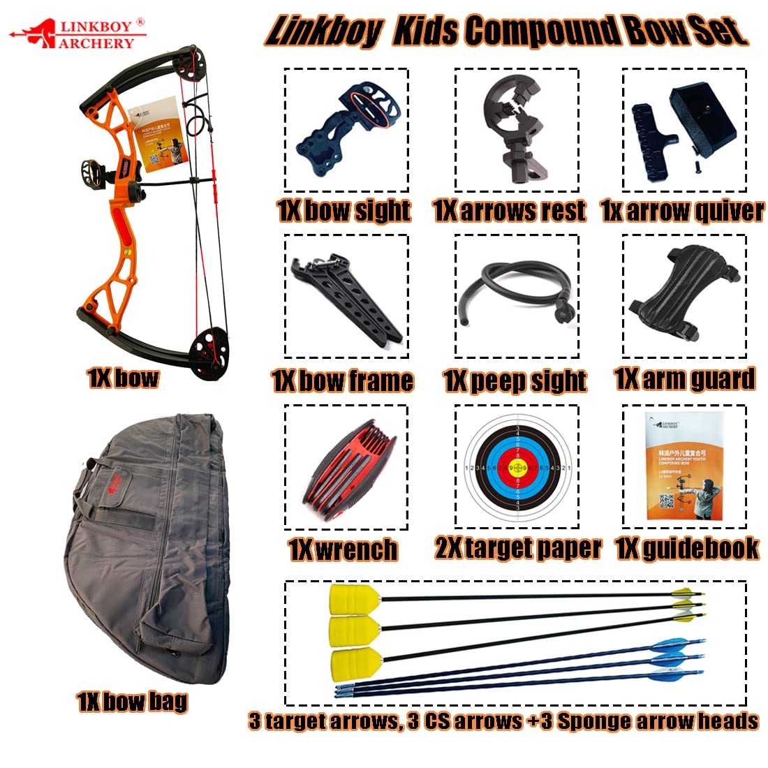 Linkboy Kid Compound Bow Set for Youth and Beginners 9-13 years Brithday Gift, Right Handed,Amounted for Shooting,Easy learning Adjustable 10-20 Lbs Archery Practice Safe arrows Passionate Orange