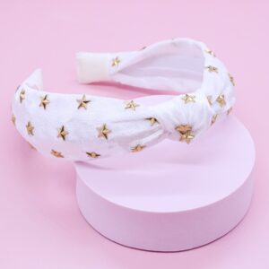 FROG SAC Star Studded White Knotted Headband, Velvet Hair Accessory with Gold Stars for Girls, No Slip Fashion Head Band