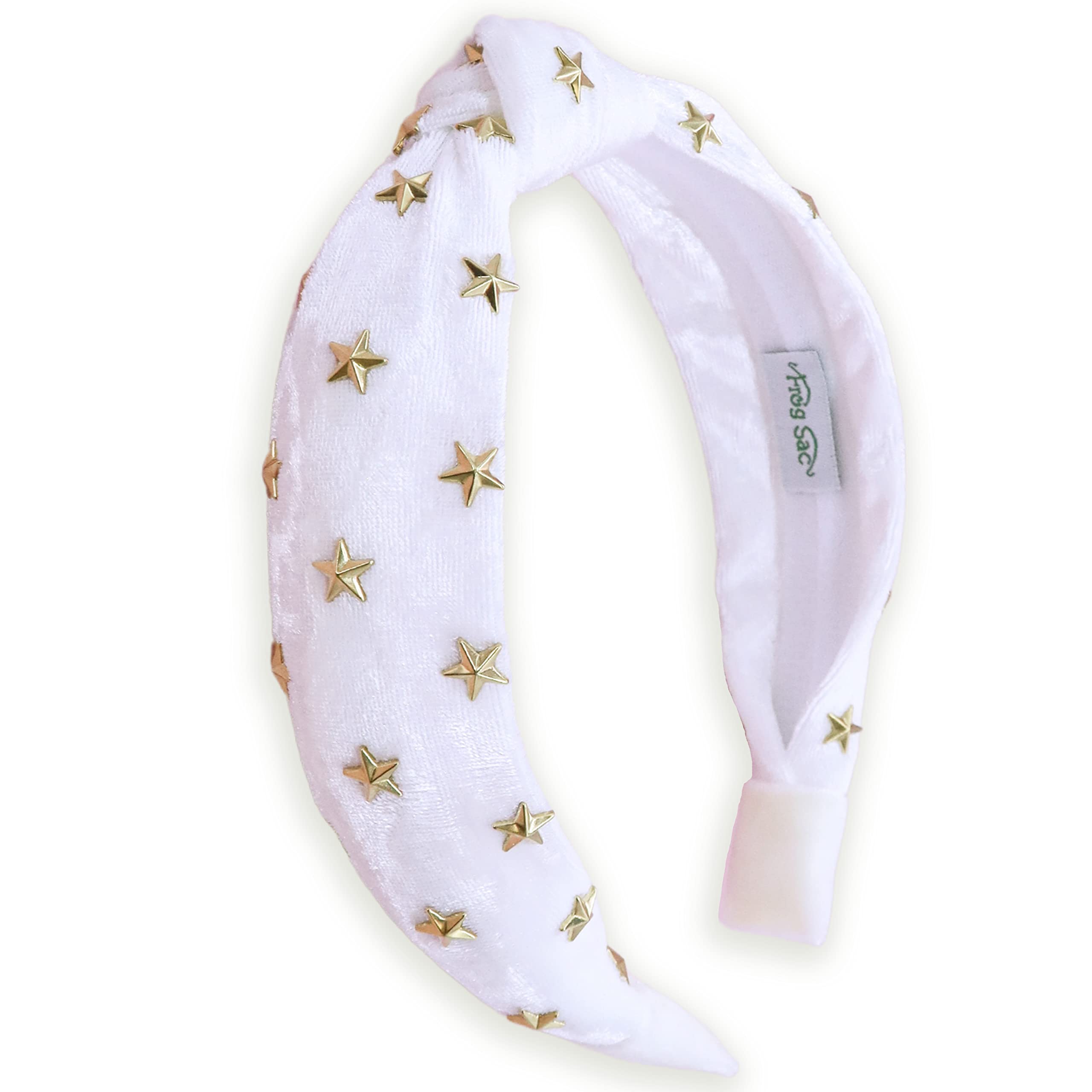 FROG SAC Star Studded White Knotted Headband, Velvet Hair Accessory with Gold Stars for Girls, No Slip Fashion Head Band