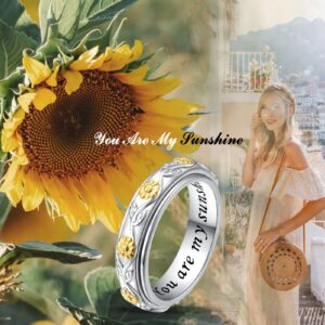 Ladytree Anxiety Spinner Rings Sunflower You Are My Sunshine Fidget Ring Sterling Silver ADHD Stress Relieving Engagement Wedding Promise Band Mothers Day for Mom Daughter Size 8