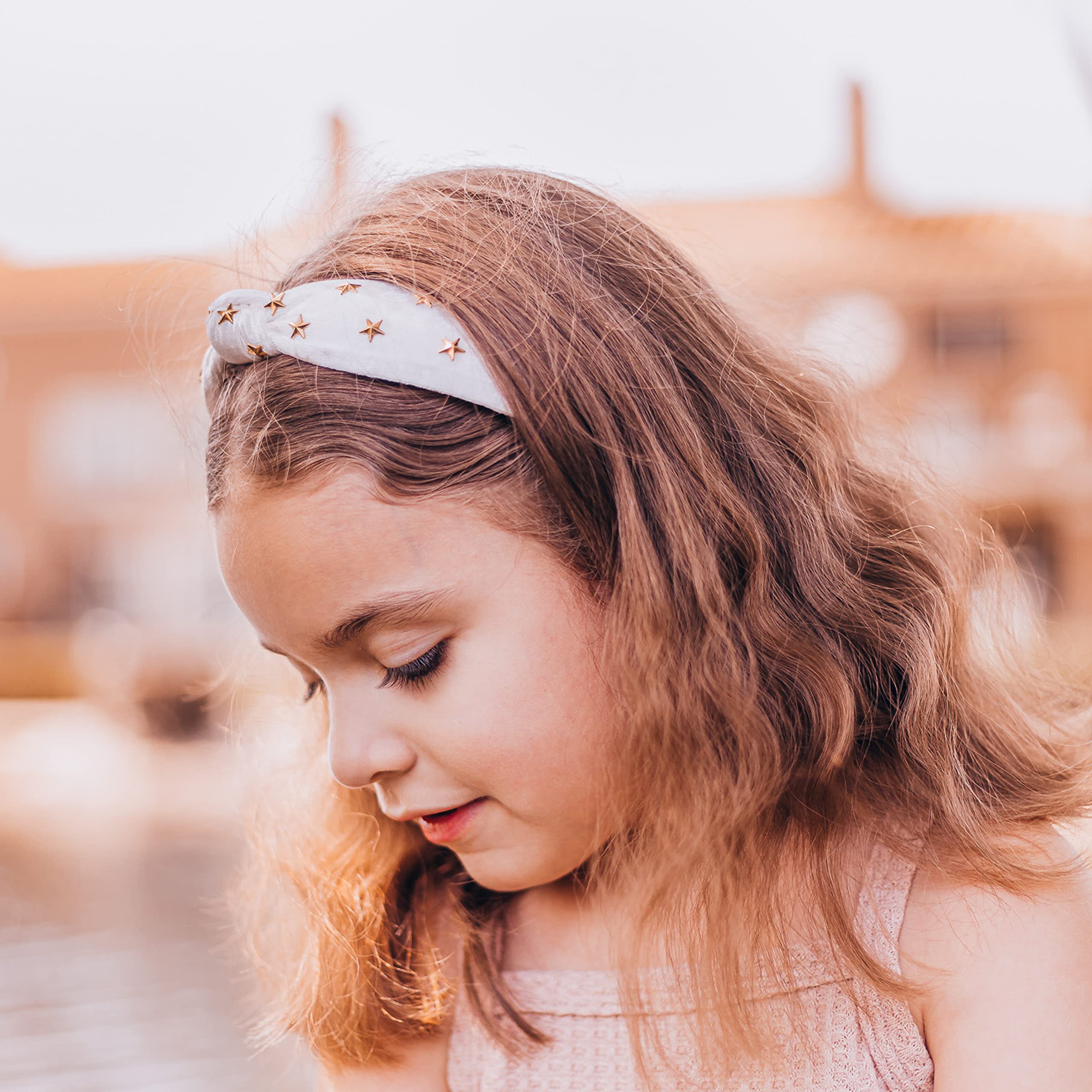 FROG SAC Star Studded White Knotted Headband, Velvet Hair Accessory with Gold Stars for Girls, No Slip Fashion Head Band