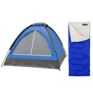 2-Person Tent with Sleeping Bag – Camping Gear Set Includes Outdoor Dome Tent with Rain Fly and 1 Adult Sleep Bag by Wakeman Outdoors (Blue)