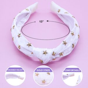 FROG SAC Star Studded White Knotted Headband, Velvet Hair Accessory with Gold Stars for Girls, No Slip Fashion Head Band