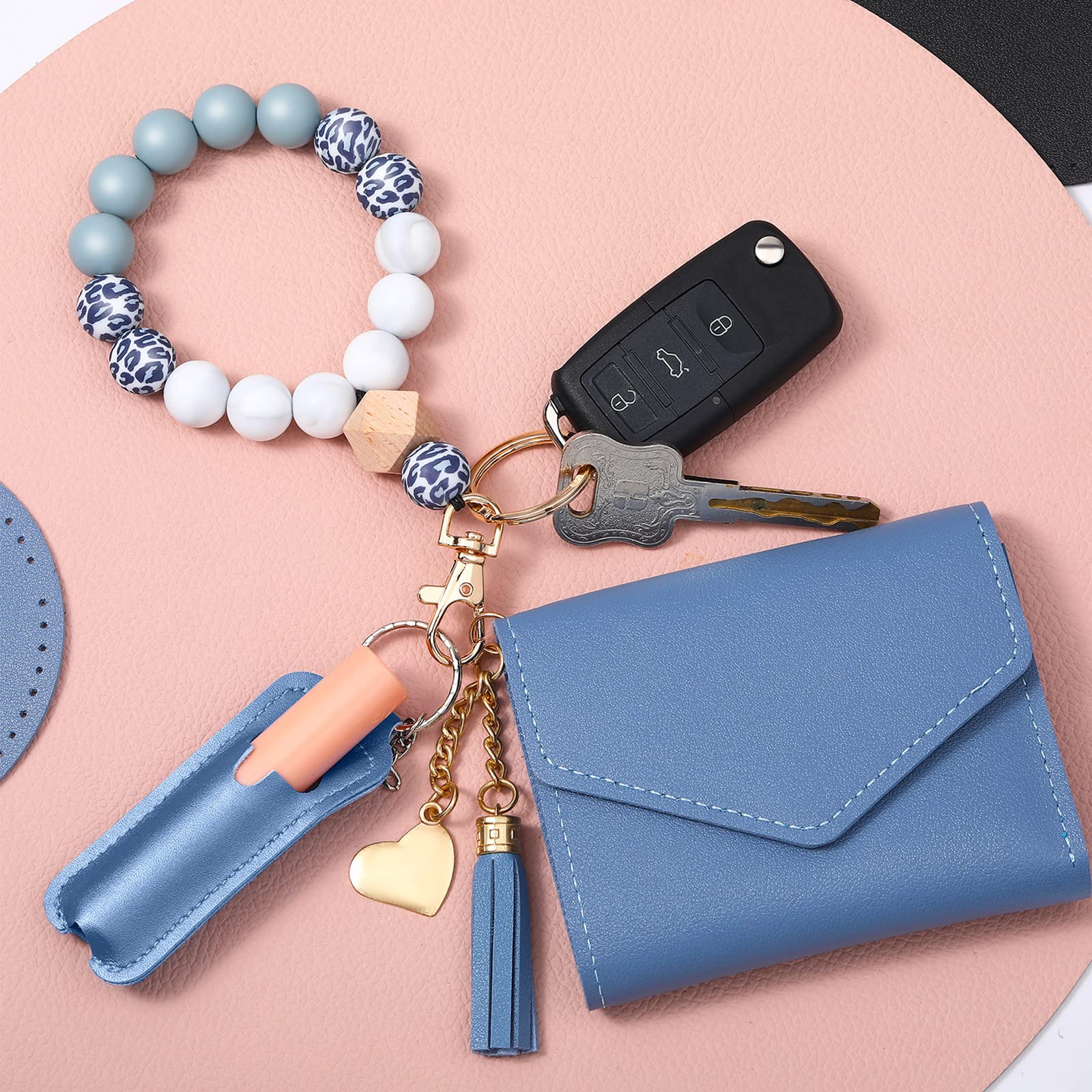 Weewooday Wristlet Bracelet Keychain with Wallet Silicone Beaded Keychain Leather Keychain Lipstick Holder Sleeves (Sky Blue)