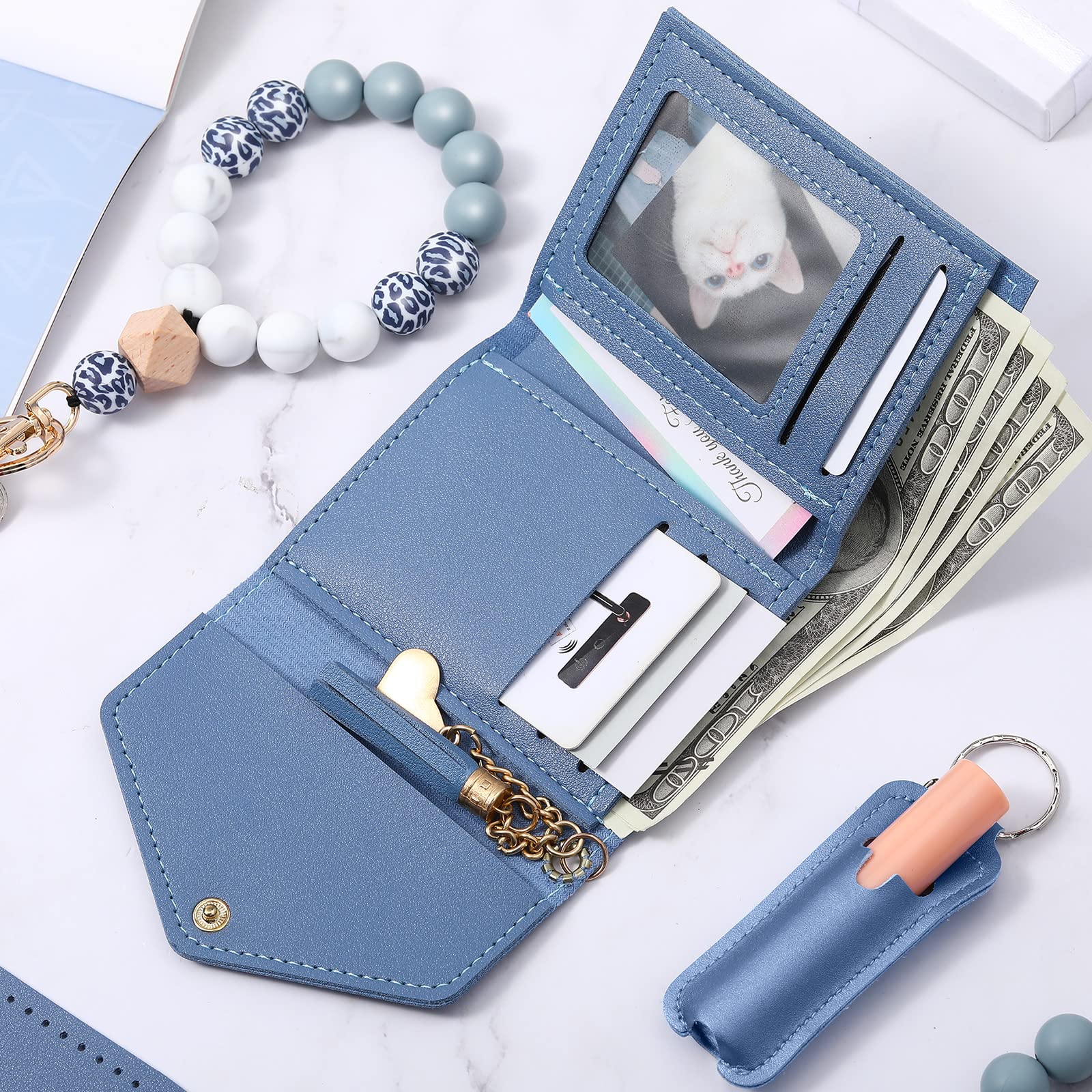 Weewooday Wristlet Bracelet Keychain with Wallet Silicone Beaded Keychain Leather Keychain Lipstick Holder Sleeves (Sky Blue)