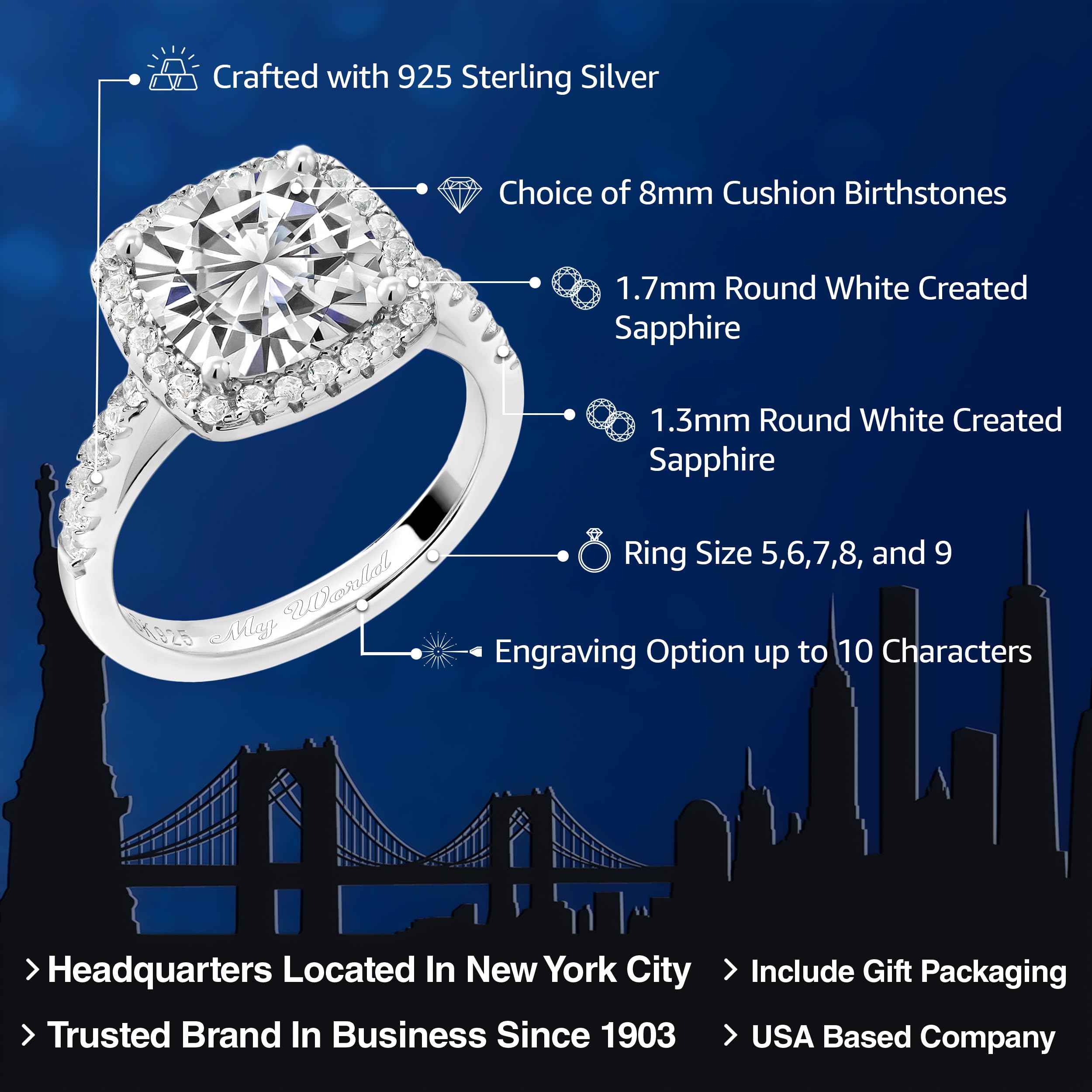 Gem Stone King 925 Sterling Silver Personalized Customized Build Your Own 8MM Cushion Cut Birthstone Engagement Ring For Women Available In Size 5, 6, 7, 8, 9