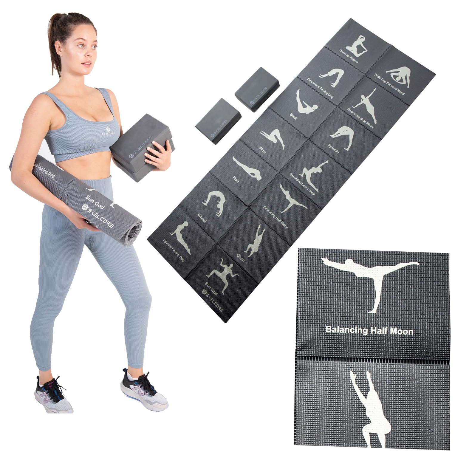 Skelcore Yoga Mat and Blocks Set- Travel Yoga Mat with Poses Printed On It and 2 Yoga Blocks - Non Slip Yoga Accessories For Beginners Folding Yoga Travel Mat 68"L x 24"W x 2mm