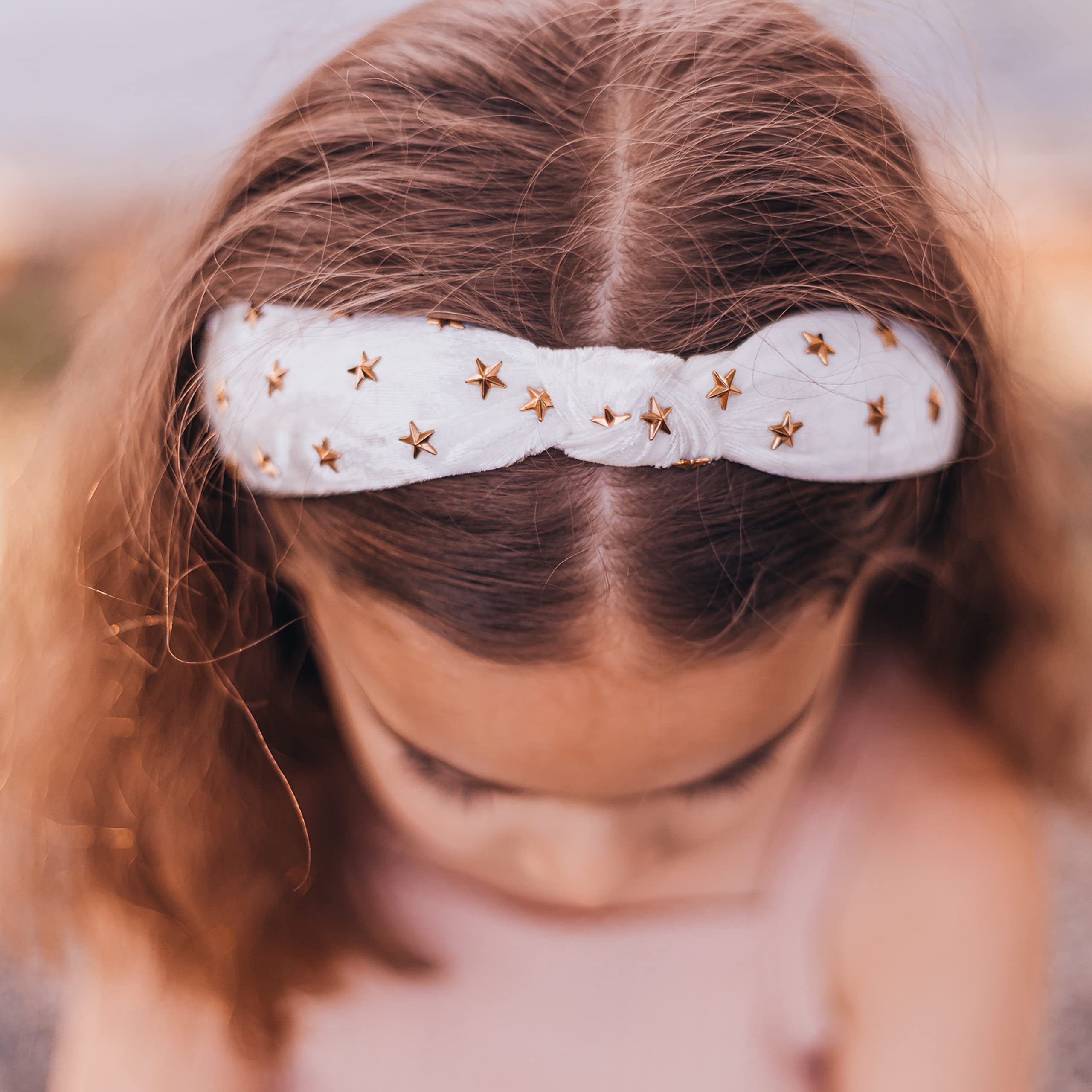 FROG SAC Star Studded White Knotted Headband, Velvet Hair Accessory with Gold Stars for Girls, No Slip Fashion Head Band