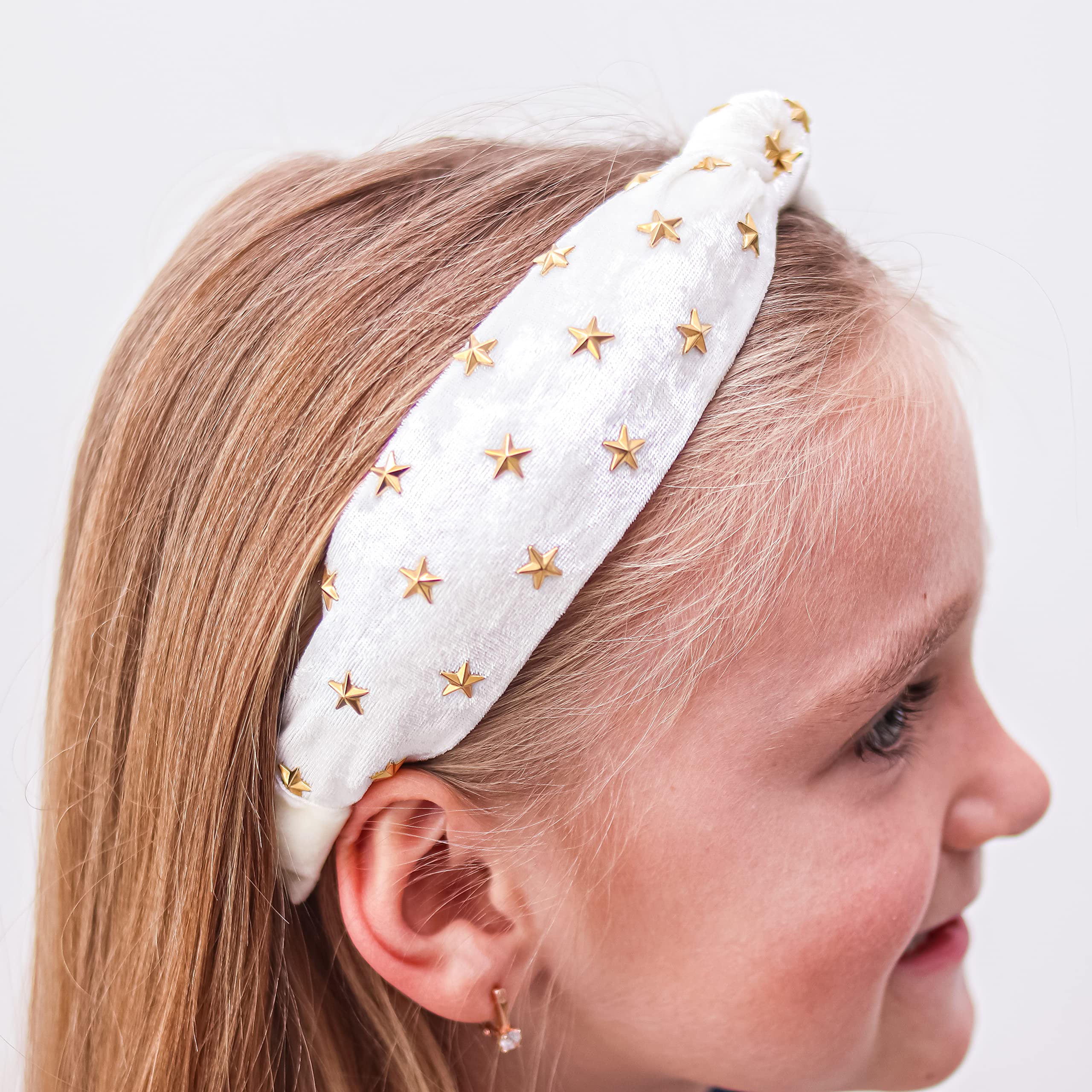 FROG SAC Star Studded White Knotted Headband, Velvet Hair Accessory with Gold Stars for Girls, No Slip Fashion Head Band