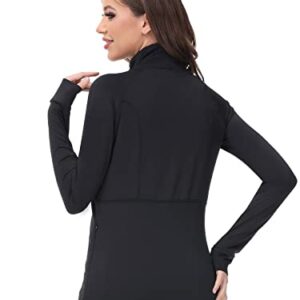 COZZIPLUS Women Workout Zip Up Running Athetic Jacket-Women Stretchy Yoga Zip Top with Thumb Holes and 2 Pockets (Black,L)