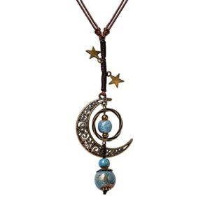 MINACHI Bohemian Hippie Moon Stars Ceramic Beads Lariat Necklace, Hippie Jewelry Gift for Women (Blue)