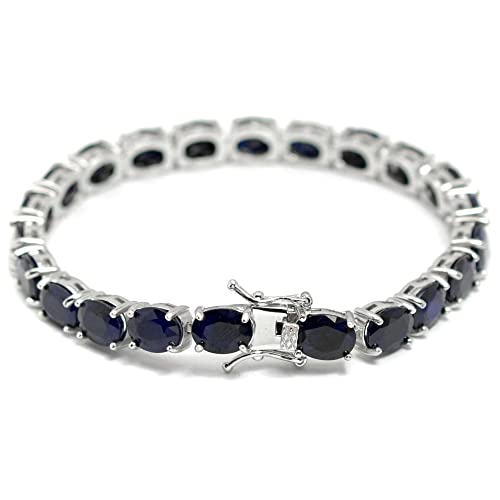 Natural 8X6 MM Oval Cut Blue Sapphire Gemstone 925 Sterling Silver September Birthstone Tennis Bracelet Women Jewelry Love and Friendship Gift For Her (Rhodium Plated Silver, 6.5 Inches)