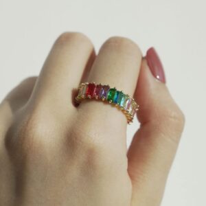 Michooyel Eternity Rainbow Ring Band Ring for Women 18K Gold Plated Baguette Multicolor Cubic Zirconia Eternity Ring