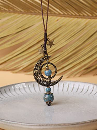 MINACHI Bohemian Hippie Moon Stars Ceramic Beads Lariat Necklace, Hippie Jewelry Gift for Women (Blue)