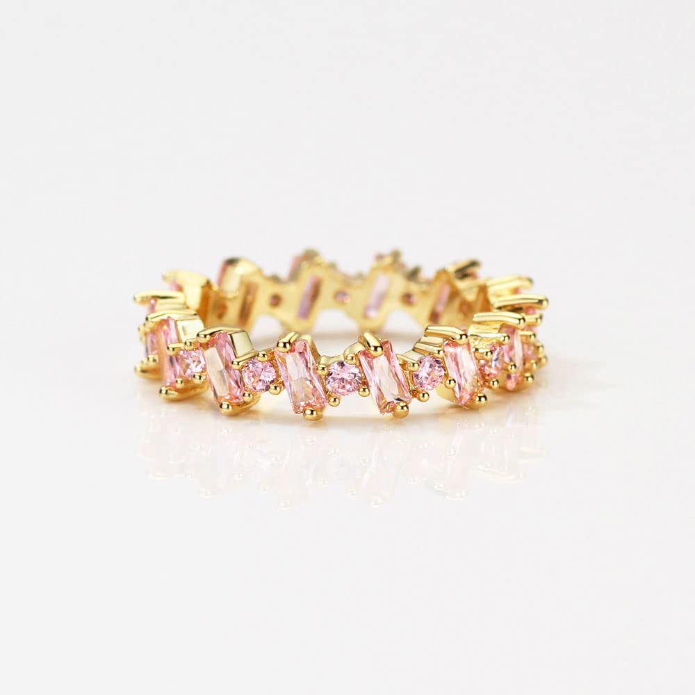 Michooyel 18K Gold Plated Eternity Band Ring Pink Cubic Zirconia Baguette Statement Ring for Women