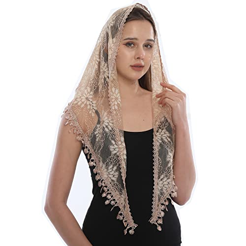 LMVERNA Mass Veils Catholic Triangle Mantilla Cathedral Head Covering Chapel Veil Lace Shawl Latin Scarf (Beige2)