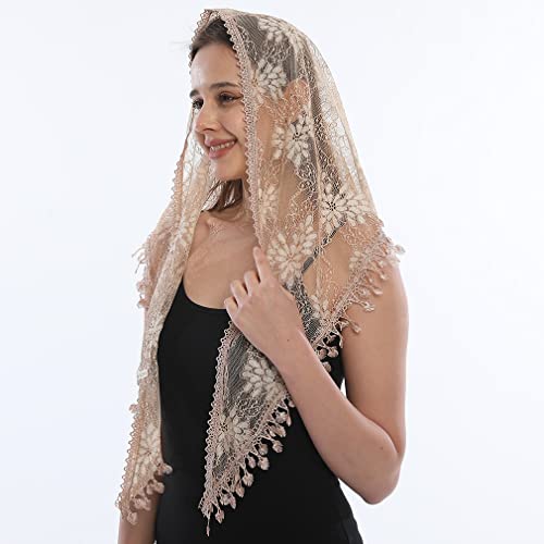 LMVERNA Mass Veils Catholic Triangle Mantilla Cathedral Head Covering Chapel Veil Lace Shawl Latin Scarf (Beige2)