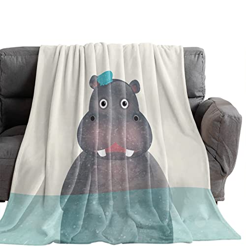 Ruian Store Throw Blanket Cartoon Hippo Blue Stream,Warm Soft Plush Lightweight Flannel Fleece Blankets Grey Animal River Horse,Microfiber Throws for Bed Sofa Couch Camping All Seasons Use 50x60In