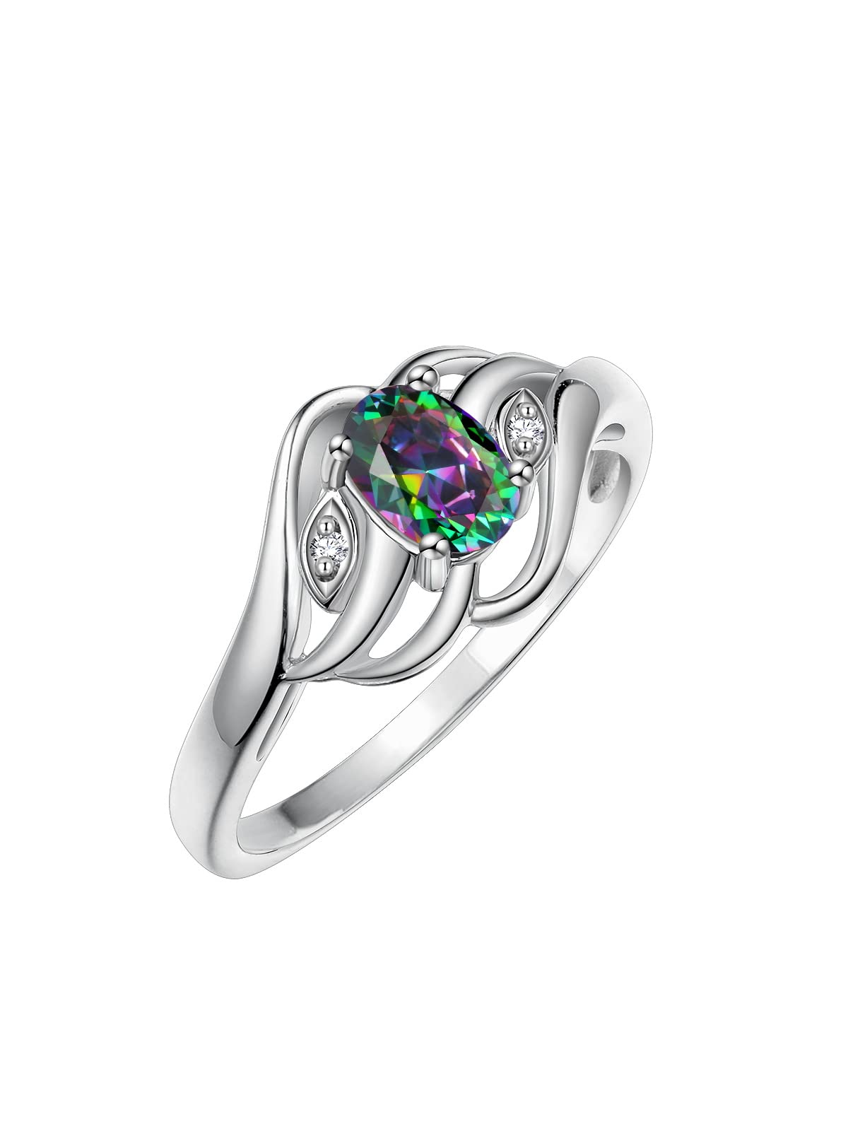 RYLOS Rings for Women 14K White Gold Ring Classic Style Birthstone Ring 6X4MM Gemstone & Diamonds June Alexandrite Jewelry for Women Size 10