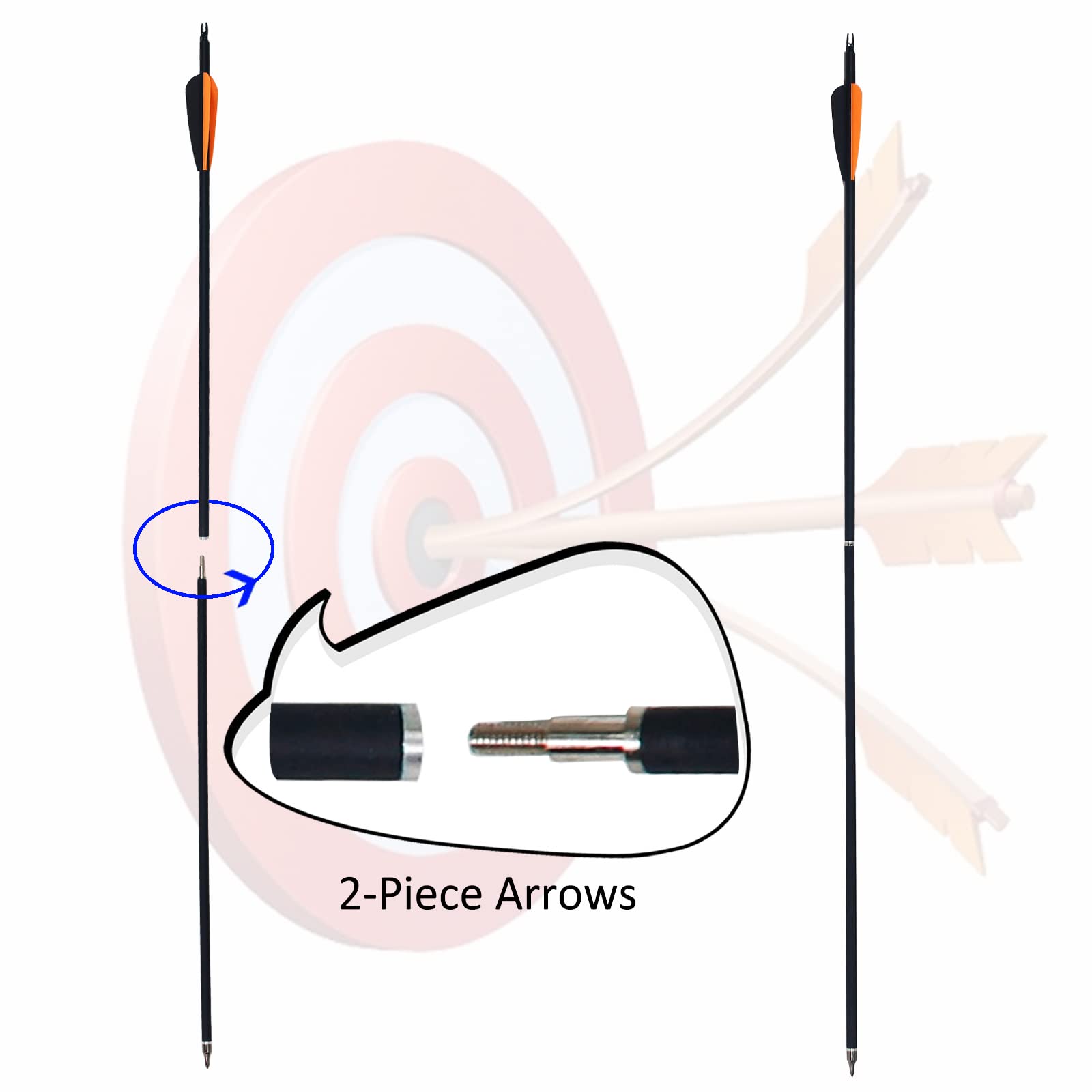 Mxessua 2 Piece Arrows Takedown Carbon Arrows Portable for Takedown Longbow Recurve Compound bow Survival Bow Traveling Spine 500, 12 Pack