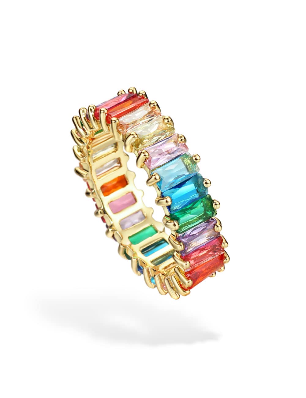 Michooyel Eternity Rainbow Ring Band Ring for Women 18K Gold Plated Baguette Multicolor Cubic Zirconia Eternity Ring