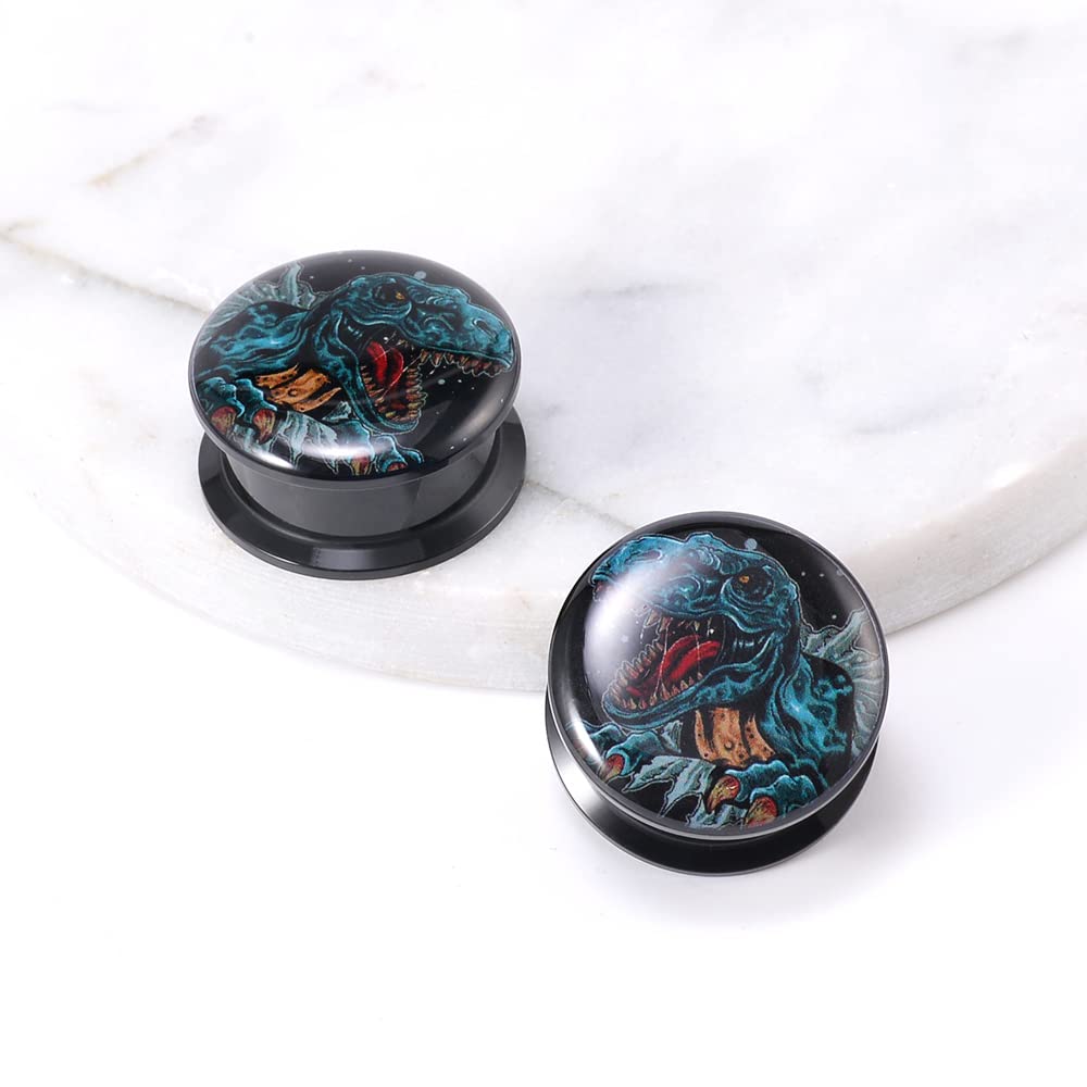 POBAISITER 1 Pair Acrylic Solid Screw On Ear Gauges Jurassic Dinosaur Tyrannosaurus Roar 2g- 1 Inch LOGO Drawing Allergy Free For Women For Men Body Piercing Jewelry