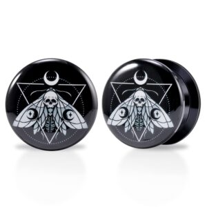 POBAISITER 1 Pair Acrylic Solid Screw Fit Ear Gauges Tarot Death Moth And Ornament Of Moon And Sun Phases 2g- 1 Inch LOGO Drawing Allergy Free For Women For Men Body Piercing Jewelry