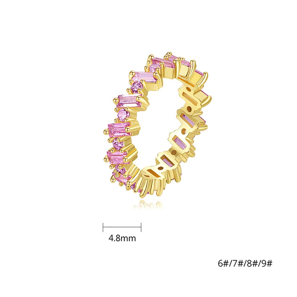 Michooyel 18K Gold Plated Eternity Band Ring Pink Cubic Zirconia Baguette Statement Ring for Women