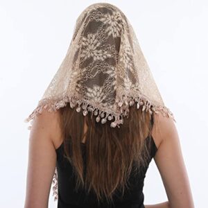 LMVERNA Mass Veils Catholic Triangle Mantilla Cathedral Head Covering Chapel Veil Lace Shawl Latin Scarf (Beige2)