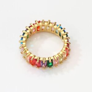 Michooyel Eternity Rainbow Ring Band Ring for Women 18K Gold Plated Baguette Multicolor Cubic Zirconia Eternity Ring