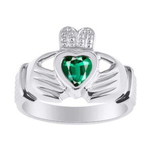 Rylos Rings Sterling Silver Claddah Love, Loyalty & Friendship Heart 6MM Gem Irish Wedding Band Claddagh Rings May Emerald Jewelry Size 11