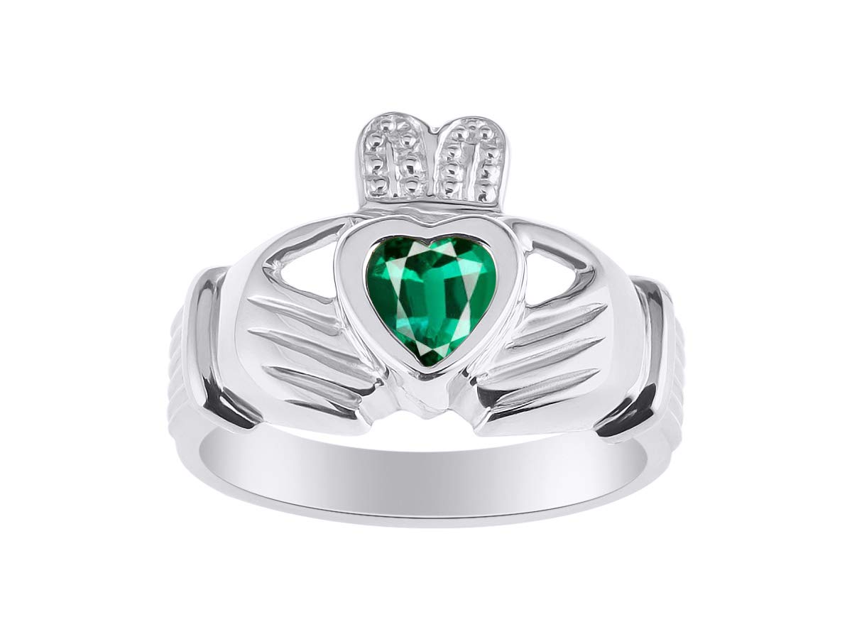 Rylos Rings Sterling Silver Claddah Love, Loyalty & Friendship Heart 6MM Gem Irish Wedding Band Claddagh Rings May Emerald Jewelry Size 11