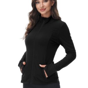 COZZIPLUS Women Zip up Athletic Running Jacket Lightweight Workout Yoga Top with Thumb Holes and Pocket (Black, M)