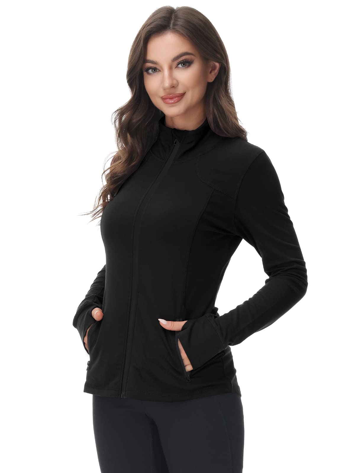 COZZIPLUS Women Zip up Athletic Running Jacket Lightweight Workout Yoga Top with Thumb Holes and Pocket (Black, M)