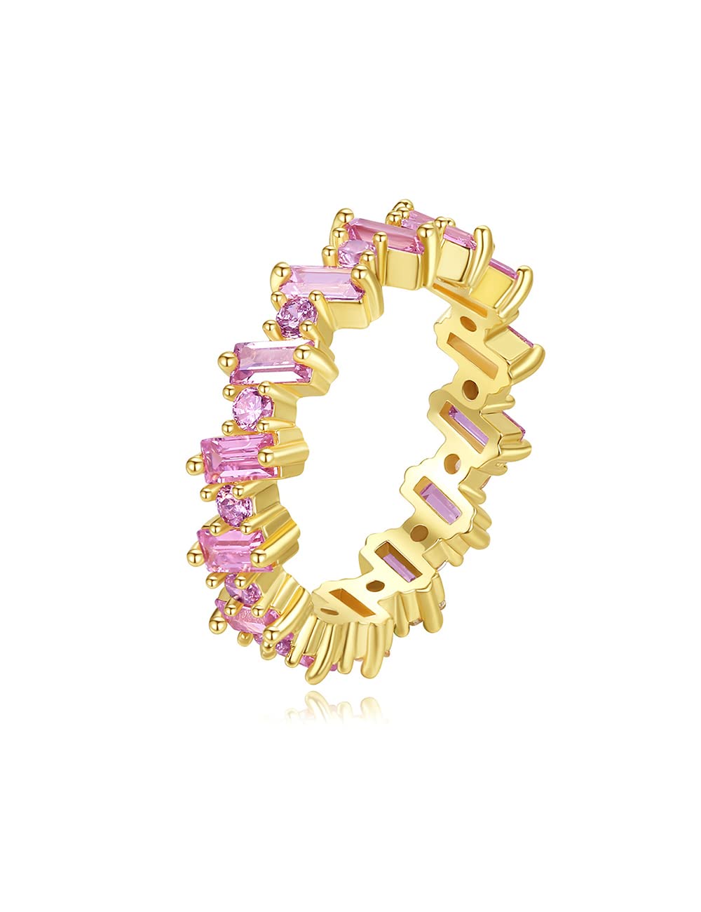 Michooyel 18K Gold Plated Eternity Band Ring Pink Cubic Zirconia Baguette Statement Ring for Women