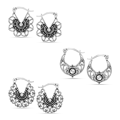 LeCalla 925 Sterling Silver Hoop Earrings Set of 3 Pair Hypoallergenic Antique Small Filigree Hoop Earrings for Women Teen and Men 15MM