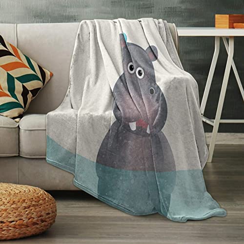 Ruian Store Throw Blanket Cartoon Hippo Blue Stream,Warm Soft Plush Lightweight Flannel Fleece Blankets Grey Animal River Horse,Microfiber Throws for Bed Sofa Couch Camping All Seasons Use 50x60In