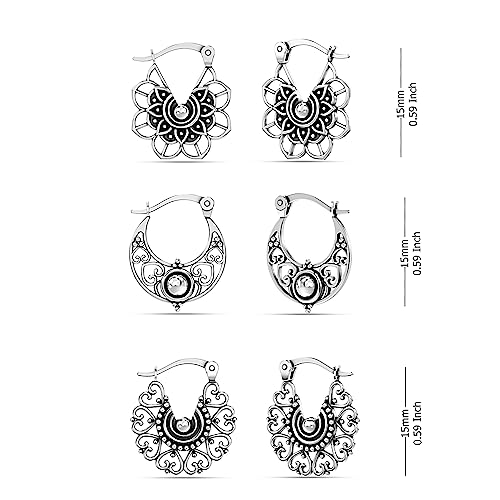 LeCalla 925 Sterling Silver Hoop Earrings Set of 3 Pair Hypoallergenic Antique Small Filigree Hoop Earrings for Women Teen and Men 15MM