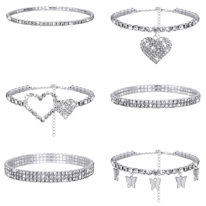 Laumoi 6 Pcs Ankle Bracelets for Women Christmas Rhinestone Stretch Anklet Heart Ankle Bracelets Anklet Jewelry Crystal Foot Chain(Silver, Heart Style)