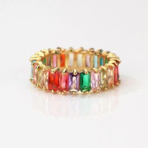 Michooyel Eternity Rainbow Ring Band Ring for Women 18K Gold Plated Baguette Multicolor Cubic Zirconia Eternity Ring