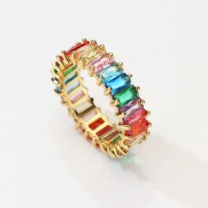 Michooyel Eternity Rainbow Ring Band Ring for Women 18K Gold Plated Baguette Multicolor Cubic Zirconia Eternity Ring