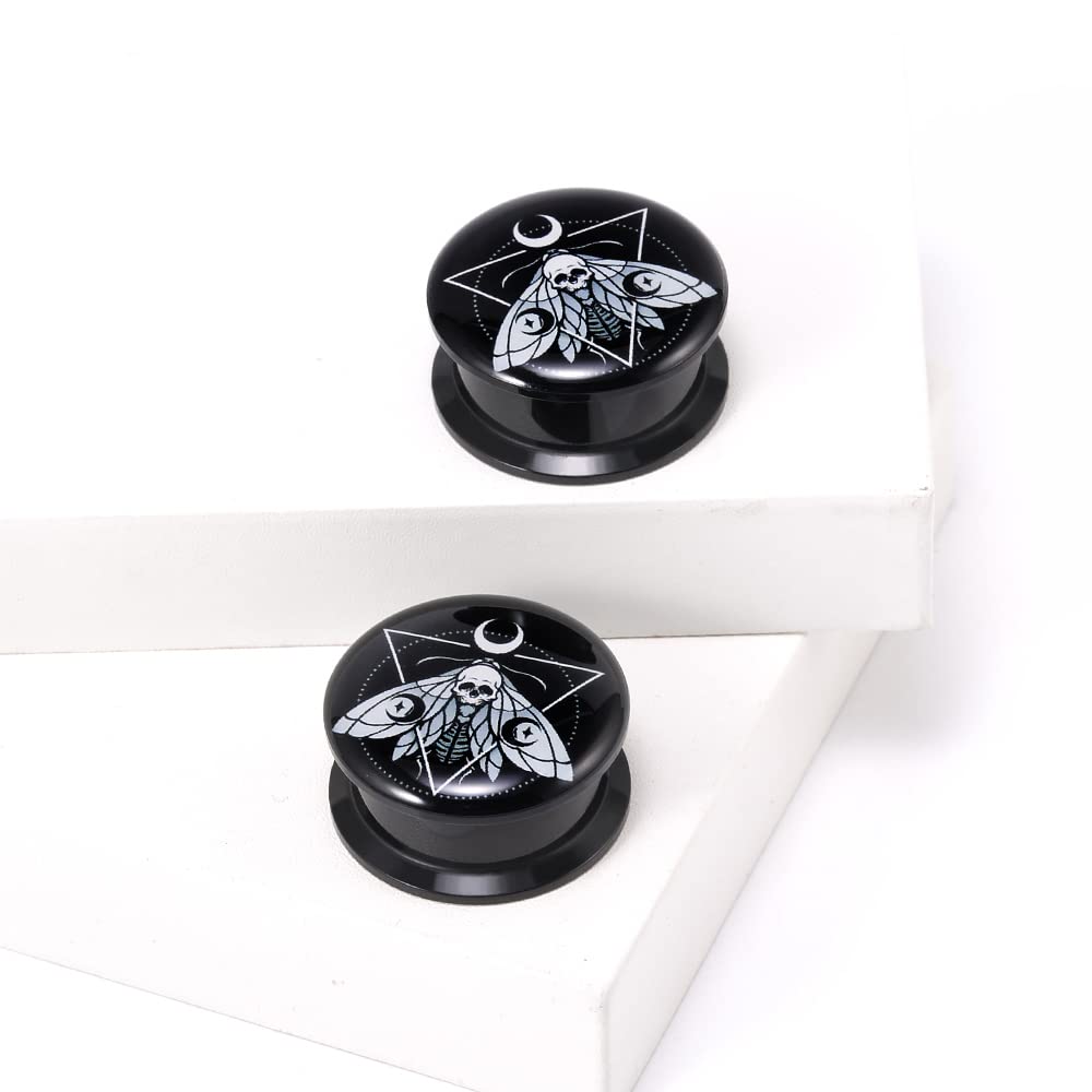 POBAISITER 1 Pair Acrylic Solid Screw Fit Ear Gauges Tarot Death Moth And Ornament Of Moon And Sun Phases 2g- 1 Inch LOGO Drawing Allergy Free For Women For Men Body Piercing Jewelry