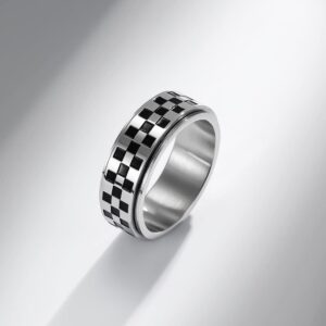 PAMTIER Rotatable Ring for Women Men Stainless Steel Racing Game Chessboard Anxiety Relief Silver Size 9