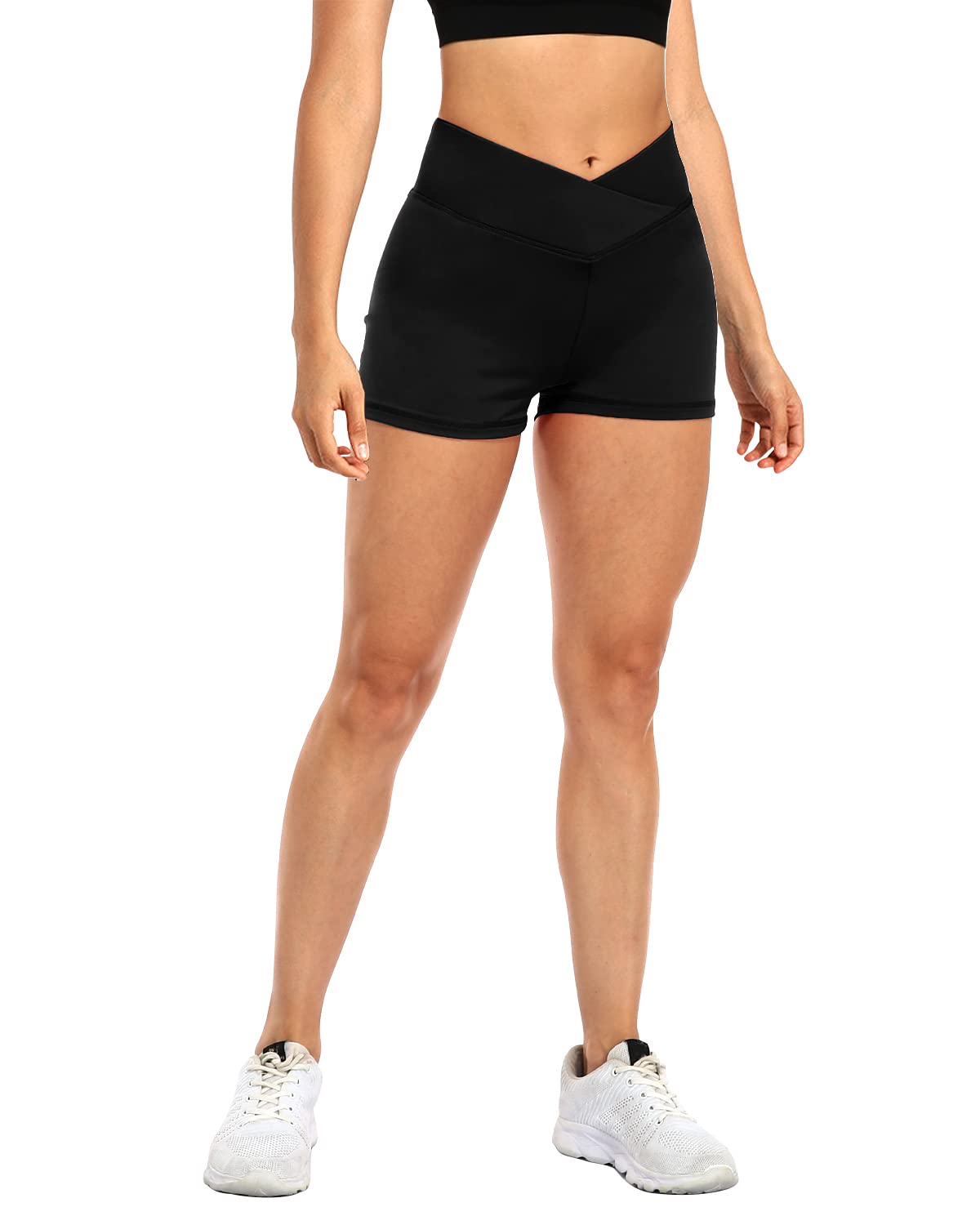 YOFIT Womens Cross Waist Workout Shorts 5" Scrunch Booty Shorts Butt Lift High Waist Yoga Shorts Black M