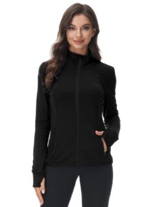 cozziplus women zip up athletic running jacket lightweight workout yoga top with thumb holes and pocket (black, m)