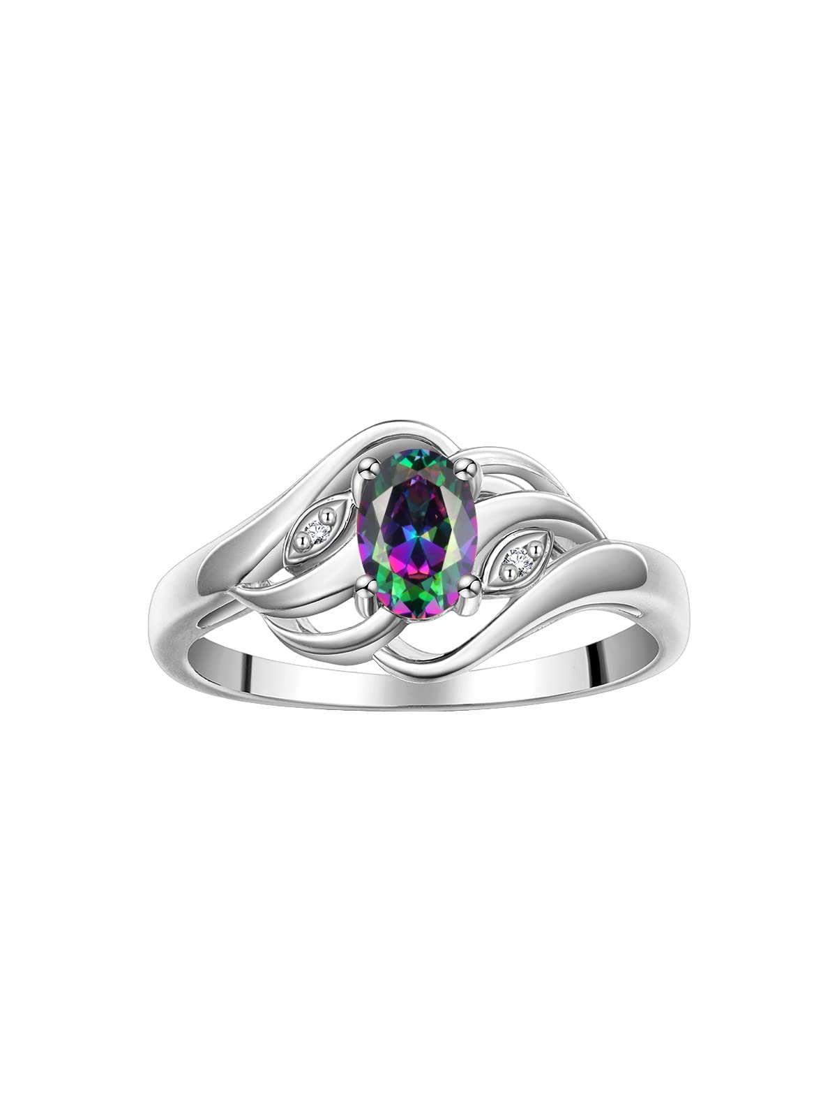 RYLOS Rings for Women 14K White Gold Ring Classic Style Birthstone Ring 6X4MM Gemstone & Diamonds June Alexandrite Jewelry for Women Size 10