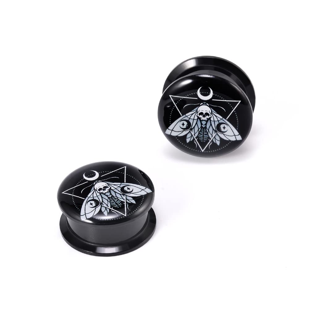 POBAISITER 1 Pair Acrylic Solid Screw Fit Ear Gauges Tarot Death Moth And Ornament Of Moon And Sun Phases 2g- 1 Inch LOGO Drawing Allergy Free For Women For Men Body Piercing Jewelry