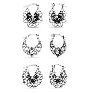 LeCalla 925 Sterling Silver Hoop Earrings Set of 3 Pair Hypoallergenic Antique Small Filigree Hoop Earrings for Women Teen and Men 15MM