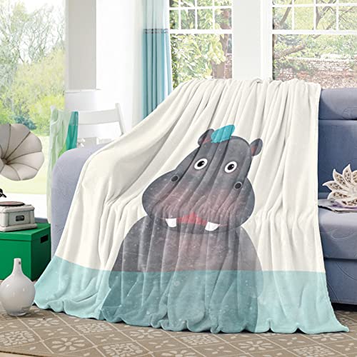 Ruian Store Throw Blanket Cartoon Hippo Blue Stream,Warm Soft Plush Lightweight Flannel Fleece Blankets Grey Animal River Horse,Microfiber Throws for Bed Sofa Couch Camping All Seasons Use 50x60In